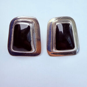 Taxco Trapezium Modernist Jet Black Onyx 925 Sterling Silver VTG Earrings Mexico